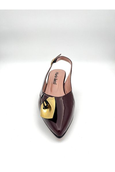 Mariolucci Women's Low Heeled Shoes Bow Detailed Burgundy Patent Leather (Gold Bow) Genuine Leather
