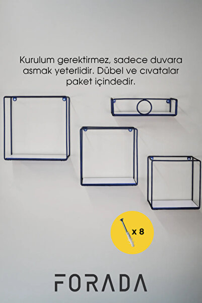 Forada Home & Style Dekoratif Kompakt Laminant Raflı 4'lü Metal Duvar Rafı Seti