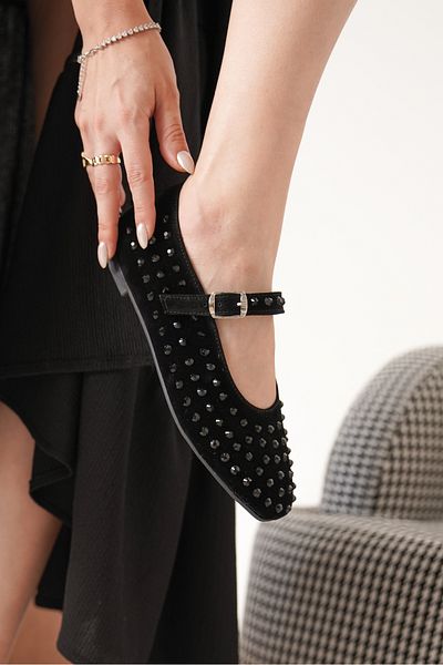 Moda Değirmeni Black Stone Black Suede Balerini clasici cu talpă plată pentru femei MD1165-111-0001