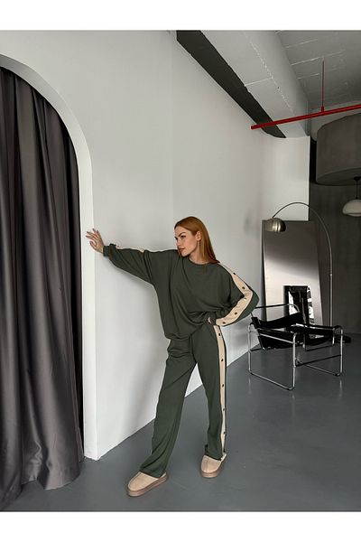 Cappmoda Tkm-1110 Khaki Modal Fabric Snap Detailed Loose Blouse Palazzo Trousers Set of Two