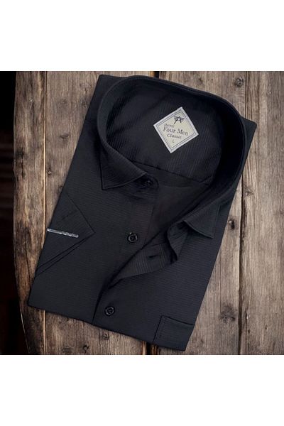GÖMLEK GALERİSİ Men's Classic Relaxed Fit Solid Black Pocket Short Sleeve Shirt