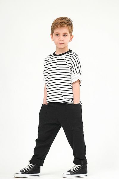 Catz Kids Boyfriend Black Muslin Trousers + Black and White Striped Combed Cotton T-Shirt