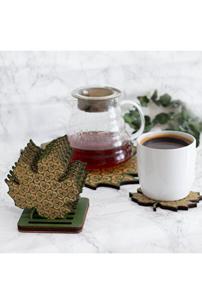 HippoDeco Huş Ahşap Yaprak Desenli Nihale ve 6’lı Bardak Altlığı Servis Seti ...