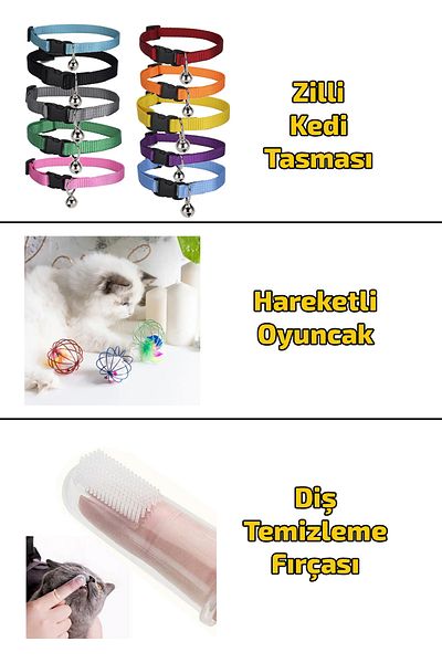 rianka 1 Cat Collar with Bell, Moving Cat Toy, Cat Teeth Cleaning Brush Set of 3