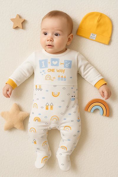 Babydonat Yellow 2-Piece Jumpsuit Set with Hat for Baby Boy - Car Pattern