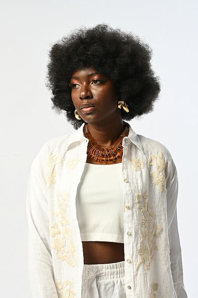 Orfeo Negro Women's Embroidered White 100% Linen Oversized Cut Shirt