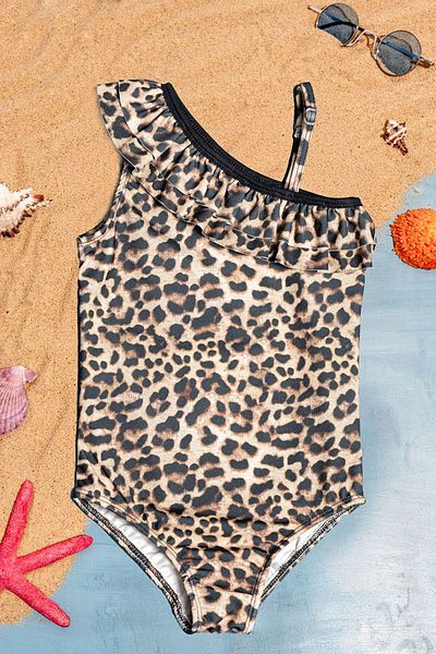 Beniizle One Shoulder Leopard Print Ruffle Detailed Girl's Swimsuit