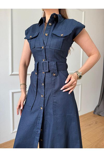 Size Özgü Rochie cu centură de buzunar bleumarin
