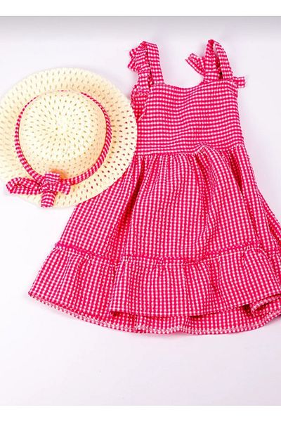 Esterella Girl's Dress / Seersucker Gingham Hat Set Dress / Girl's Dress with Suspenders