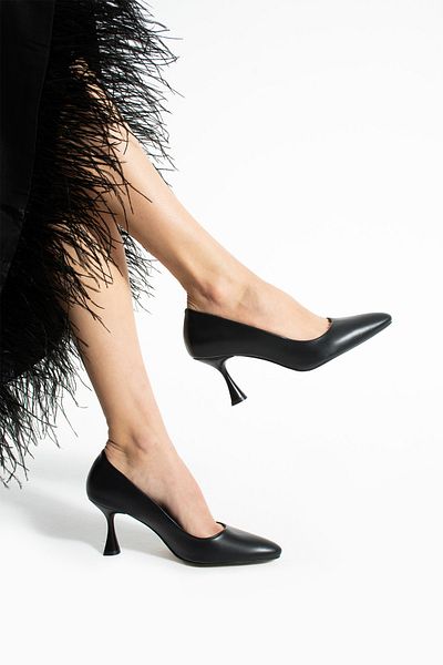 Güllü Shoes "Black Vegan Leather 7cm Thin Heels Memory Pad Pointed Toe Daily Office Evening Dress Stiletto"