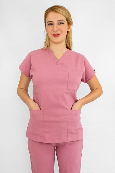 Nur Medikal Giyim Scrubs chirurgicale unisex de culoare pudră închisă, din lycra, pentru doctori și asistente, top singular.