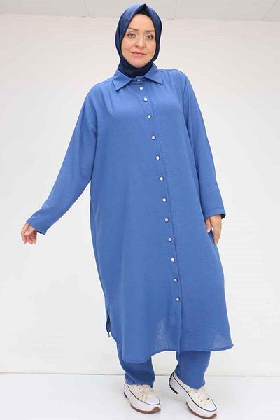 Eslina 57020 Large Size Buttoned Linen Trousers Suit - Indigo