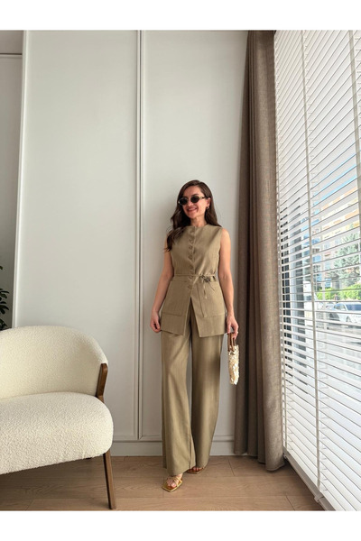 My Blog Khaki dupla zsebes 100% pamut mellény nadrágkosztüm - 8602