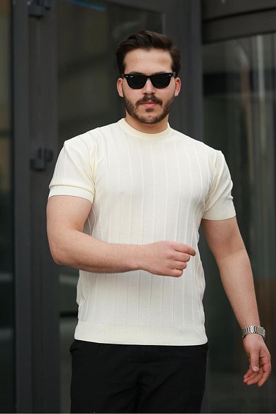 Miron Πλεκτό κοντομάνικο μπλουζάκι Ecru Crew με ανάγλυφο λαιμόκοψη- 2430