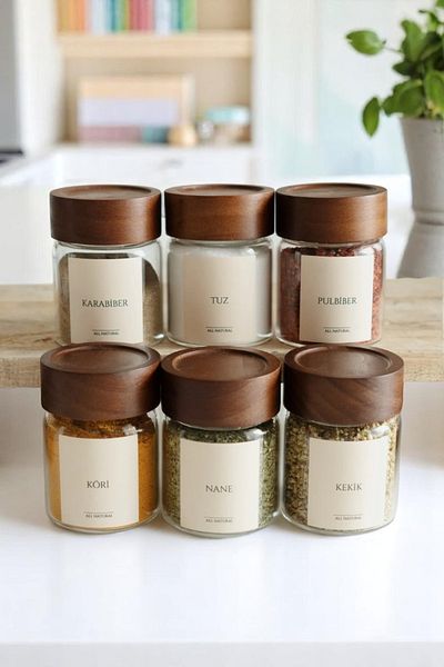 Sevinse Home Set of 12 Acacia Lid Glass Spice Shakers / 16 Tags Gift / 240ml