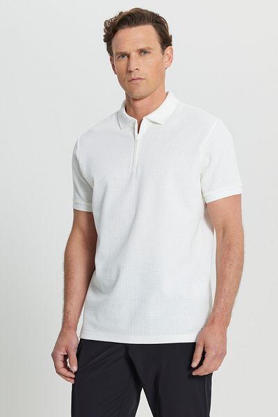 ALTINYILDIZ CLASSICS Men's Ecru Cotton Slim Fit Slim Fit Polo Neck Jacquard Stretch T-Shirt