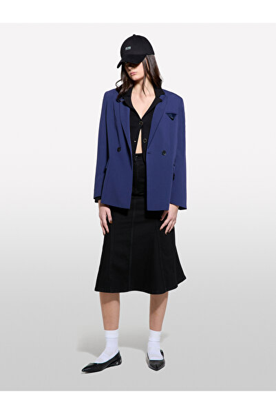 Sisley Kadın Lacivert Streç Viskozlu Düğme Detaylı Regular Fit Blazer Ceket