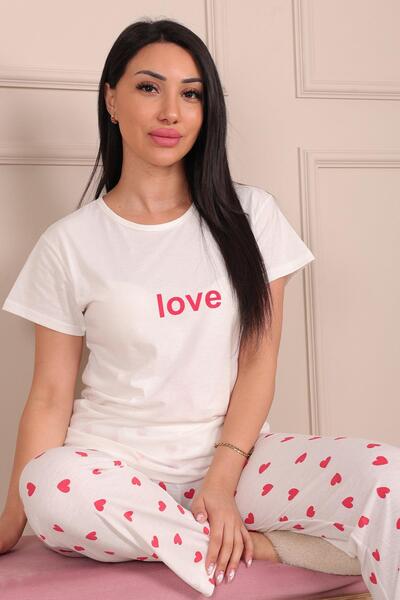 Niket Life Women's Love Slogan Crew Neck Short Sleeve under Long Combed Cotton Pajamas Set