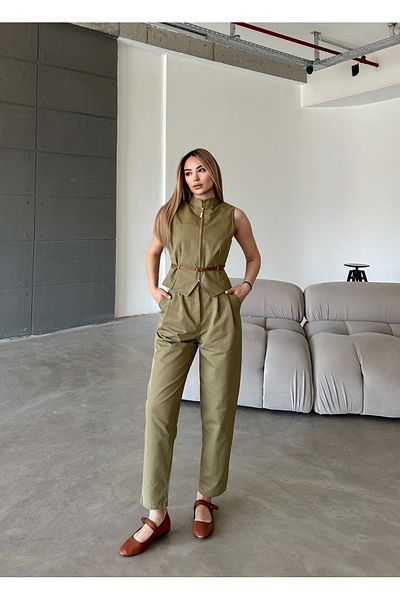 Femistik Women's Zippered Belted Vest Pants Set