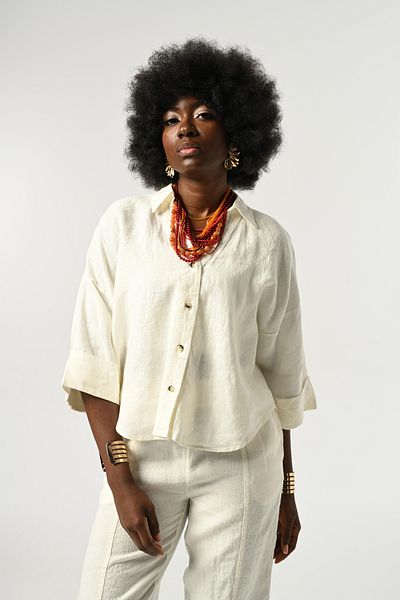 Orfeo Negro Women's Ecru Color 100% Linen Three Quarter Sleeve Shirt