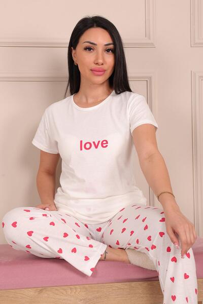 Niket Life Women's Love Slogan Crew Neck Short Sleeve under Long Combed Cotton Pajamas Set