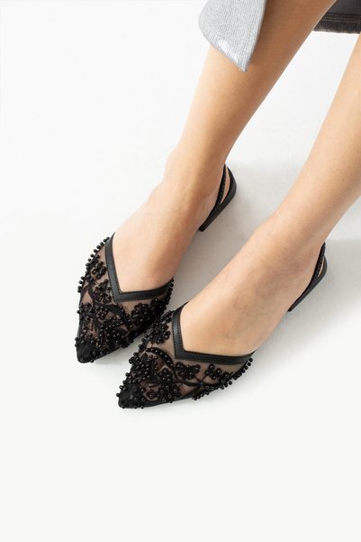 BeBeQ Store Balerini de damă cu talpă plată cu model din satin negru Milly
