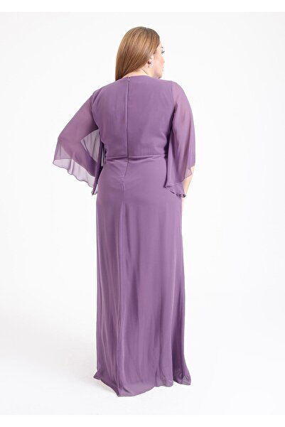 LİLAS XXL Plus Size Lavender Color Double Breasted Collar Chiffon Long Evening Dress