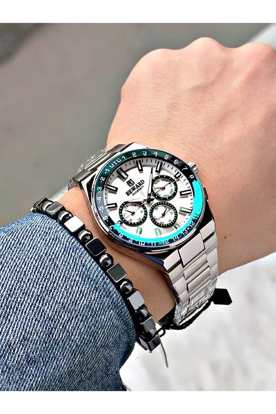 Reward Silver Color Mirrored Glass Function Men's Wrist Watch + Bracelet