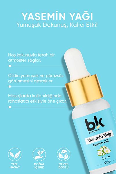 BK COMPANY Jasmine Oil 100% Pure - Emotional Balance, Skin Care and Aromatherapy Serum 20 ml
