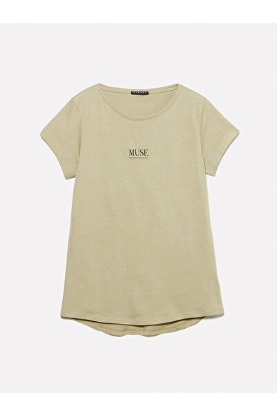 Sisley Γυναικείο μπλουζάκι με λαιμόκοψη από 100% βαμβάκι με στάμπα σε χρώμα άμμου