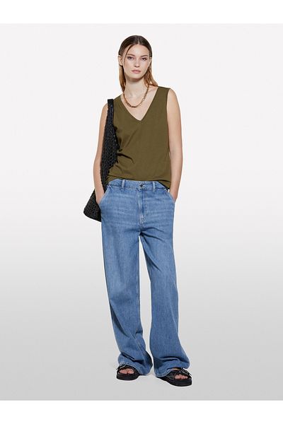 Sisley Women's Dark Khaki 100% Cotton Thick Strap V-Neck Tank Top