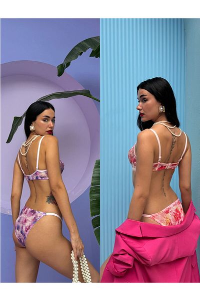Cansoy Set de broderie dublu fără șapcă imprimat roz-violet (690TK)
