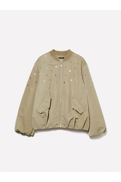 Sisley Women's Sand Color Stone Detailed Lightly Padded Bomber Jacket