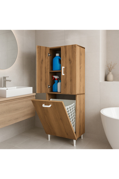 AZZURİ AZZURİ Home Çok Amaçlı Kirli Çamaşır Sepetli Banyo-Mutfak-Erzak Dolabı Atlantik Çam