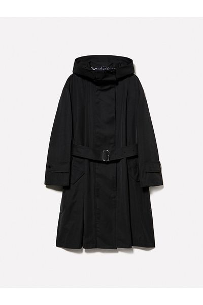 Sisley Women's Black Cotton Blend Belted Zippered Hooded Parka