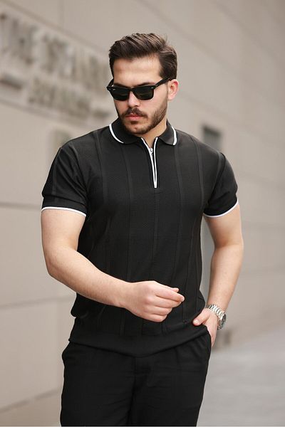 Miron Μαύρο πλεκτό μπλουζάκι με κοντό μανίκι με φερμουάρ με φερμουάρ 2511