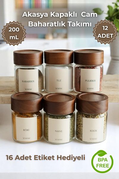 Sevinse Home Set of 12 Acacia Lid Glass Spice Shakers / 16 Tags Gift / 200ml
