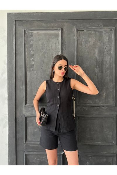 ZF BUTİK Vest Shorts Double Linen Set