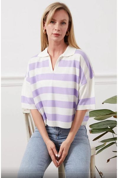 Butik Shirt Collar Striped Knitwear T-Shirt