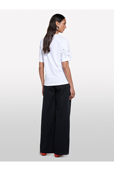 Sisley Women's White 100% Cotton Front Detailed Crew Neck Regular Fit T-Shirt