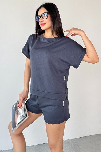 Cappmoda Tkm-0021 Smoked t Sleeve Model Bicycle Collar T-Shirt Waist Elastic Rope Tied Pocket Shorts Two-Piece Set
