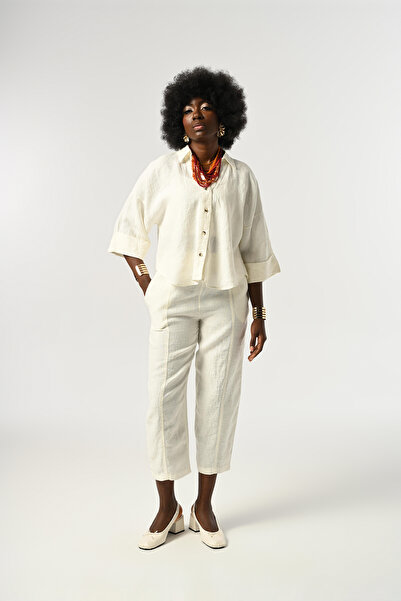 Orfeo Negro Women's Ecru Color 100% Linen Three Quarter Sleeve Shirt