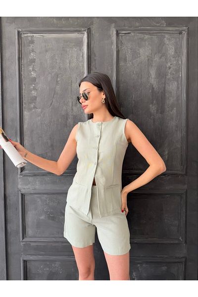 ZF BUTİK Vest Shorts Double Linen Set