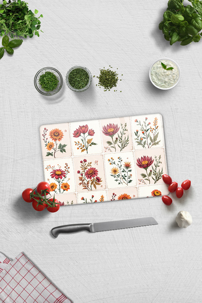 Decorita Cam Kesme Tahtası - Cam Kesme Tablası | Çiçekli Karo Desen | 20cm x ...