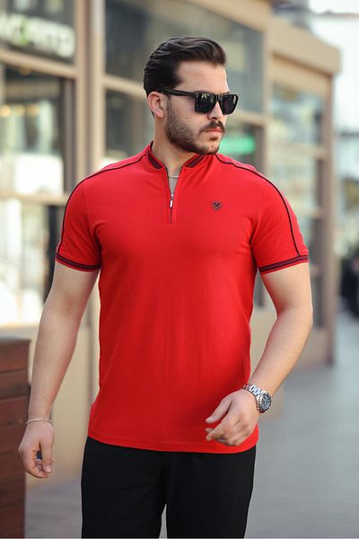 Miron Red College Collar Half Zipper Short Sleeve T-Shirt- 2408