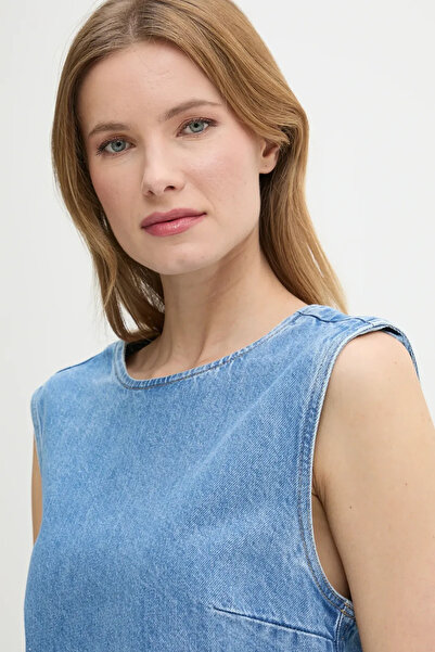 Calvin Klein Kadın Gömlek Yaka Denim Kumaş Diz Üstü Kolları Geniş Kesim Düğme Kapama Mavi Elbise J20J225170-1AA