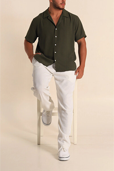 FUWEAR Erkek Haki Kısa Kollu Apaj Yaka Ayrobin Gömlek