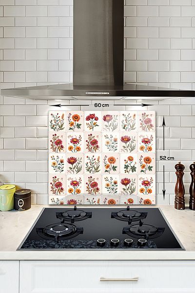 Decorita Protector de spate pentru aragaz din sticla |   Model de țiglă florală |   52 cm x 60 cm