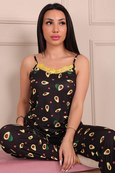 Niket Life Set de pijamale Milan lungi pentru femei, cu model de avocado, cu curea de frânghie
