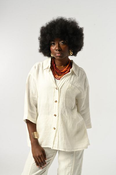 Orfeo Negro Women's 100% Linen Three Quarter Sleeve Solid Color Single Pocket Shirt